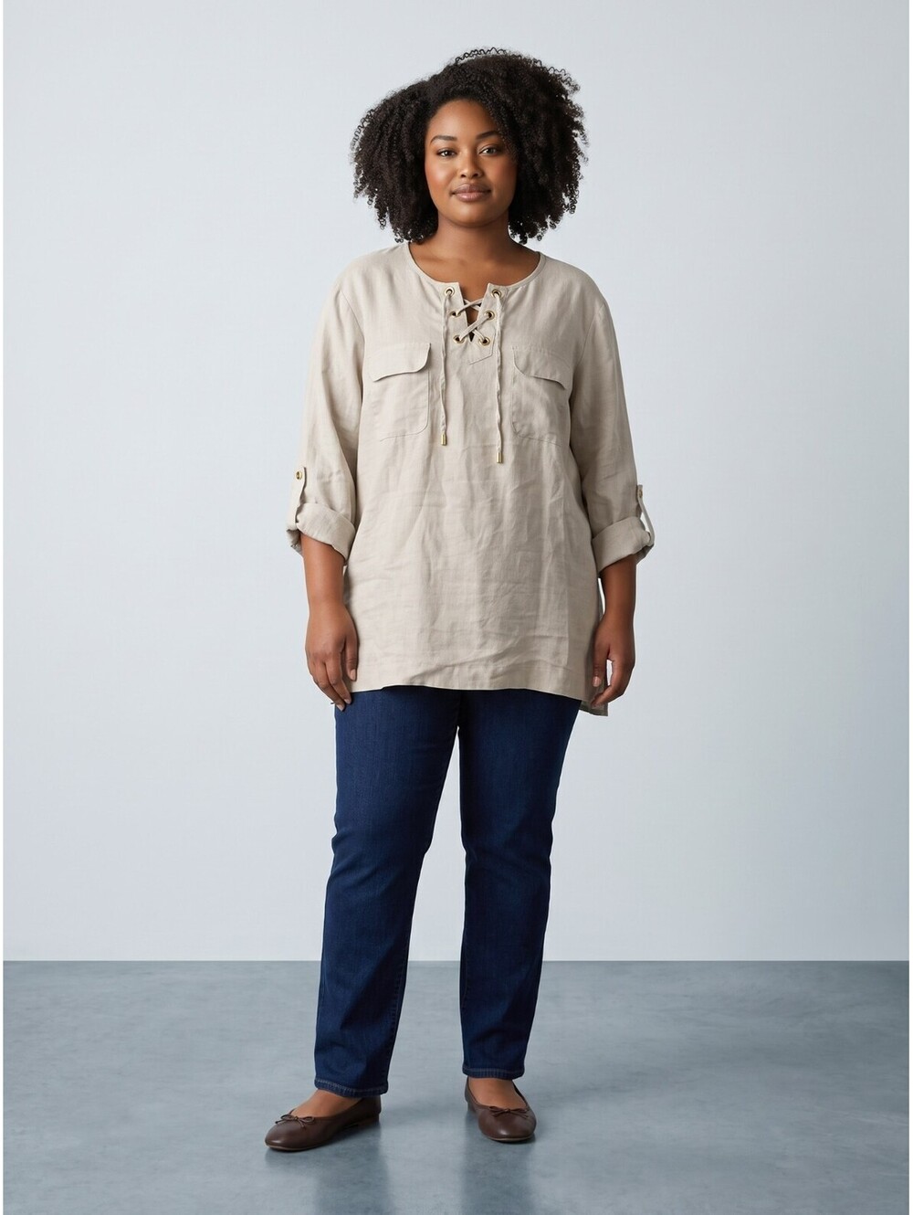 Company Ellen Tracy EUC Hi-Low Lace-Up Tunic-Size XXL-Flax